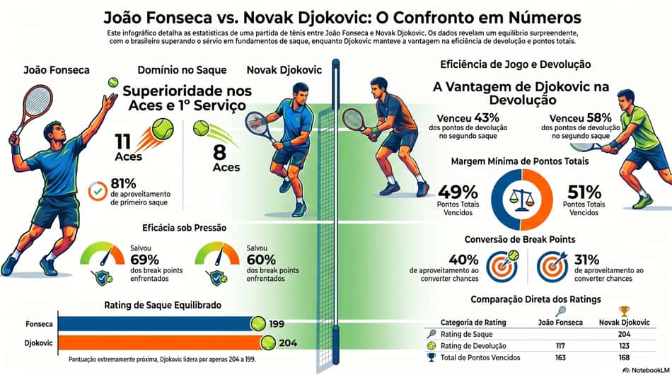 Gráfico mostra números da virada épica de João Fonseca sobre Novak Djokovic em Roland Garros (Reprodução)