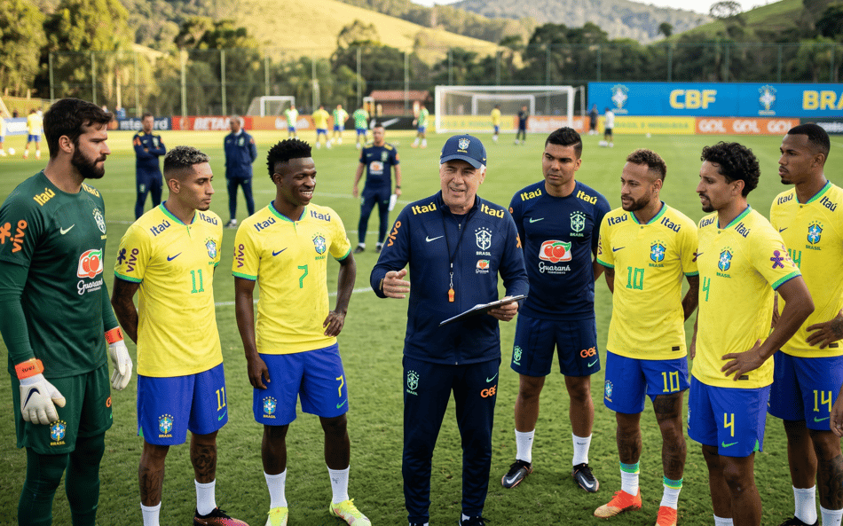 Foto gerada por inteligência artificial com o técnico Carlo Ancelotti e com alguns dos convocados para a Copa do Mundo