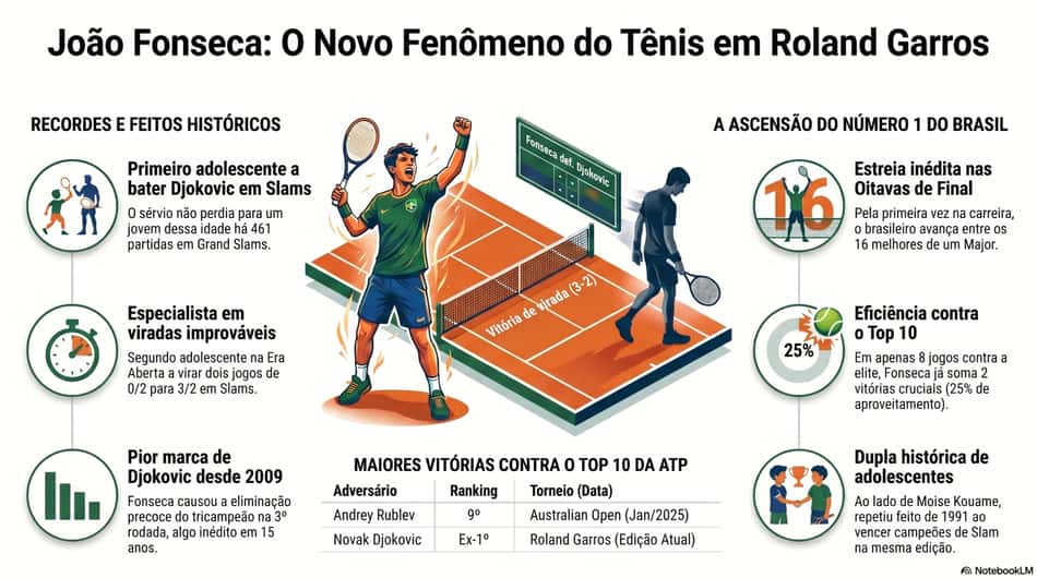 Feitos da virada de João Fonseca sobre Djokovic em Roland Garros (Reprodução)