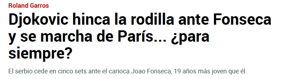 "Djokovic ajoelha-se perante João Fonseca", escreveu o jornal Marca