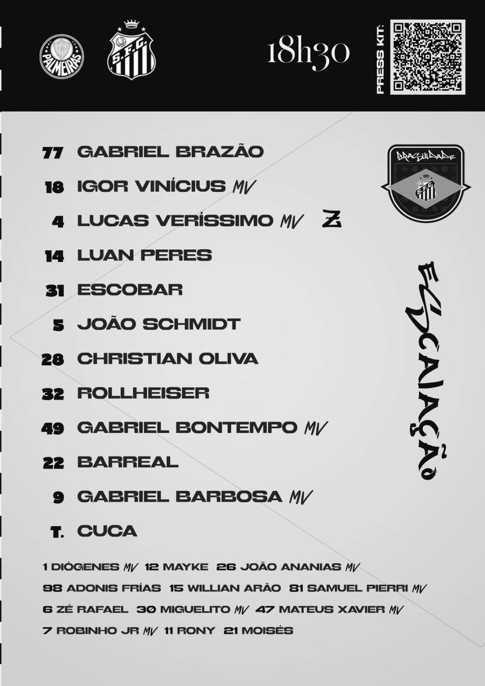 Escalação do Santos diante do Palmeiras. (Foto: Divulgação/ Santos FC)