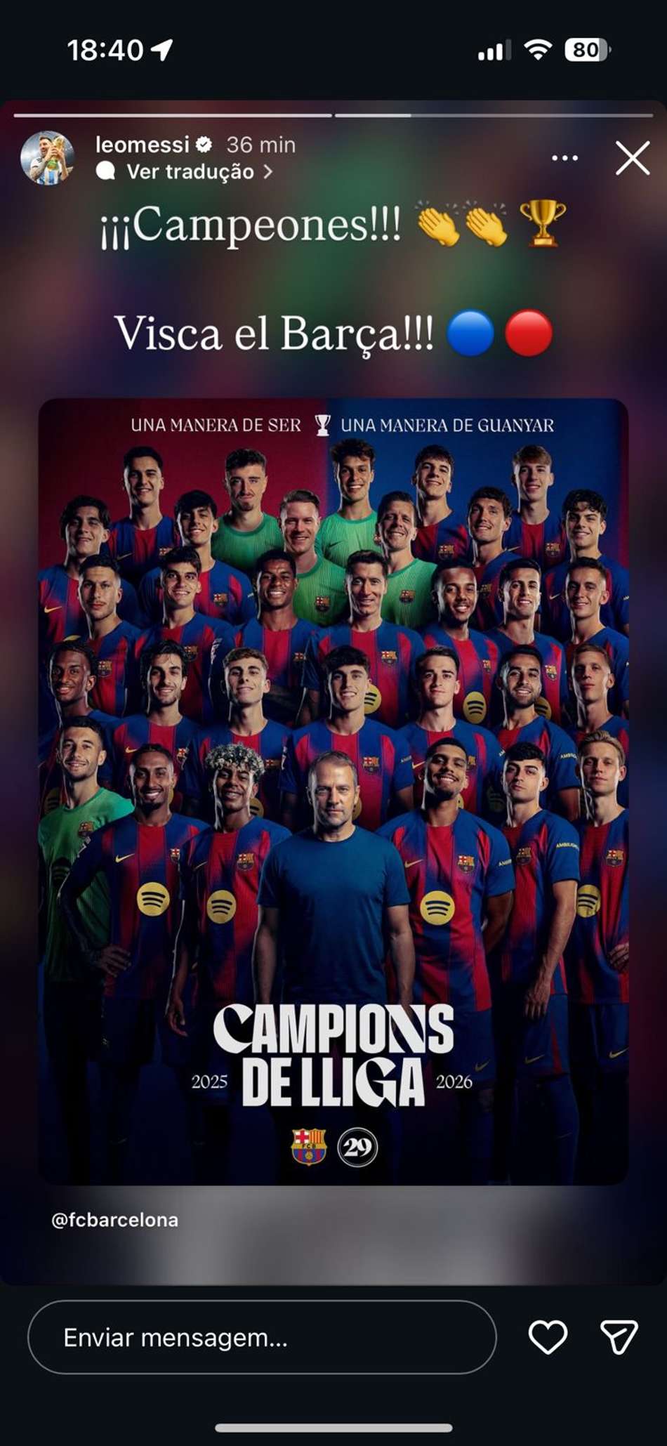 Messi comemora título do Barcelona em sua rede social. (Foto: Reprodução)