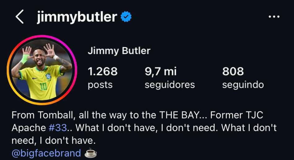 Perfil oficial de Jimmy Butler no Instagram, com a foto de Neymar (Foto: Reprodução)