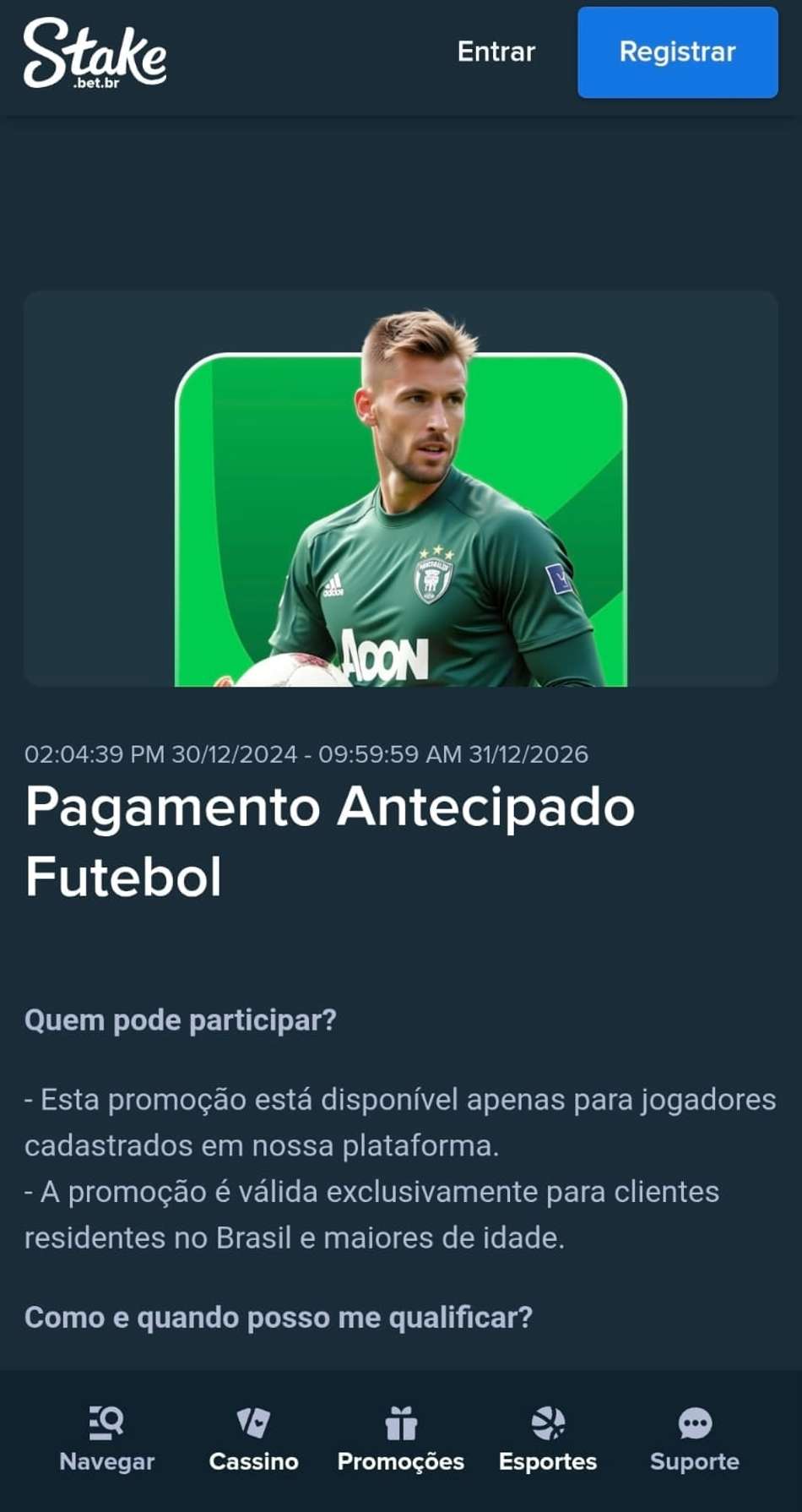Captura de tela da oferta de Pagamento Antecipado na Stake válida para a Champions League.