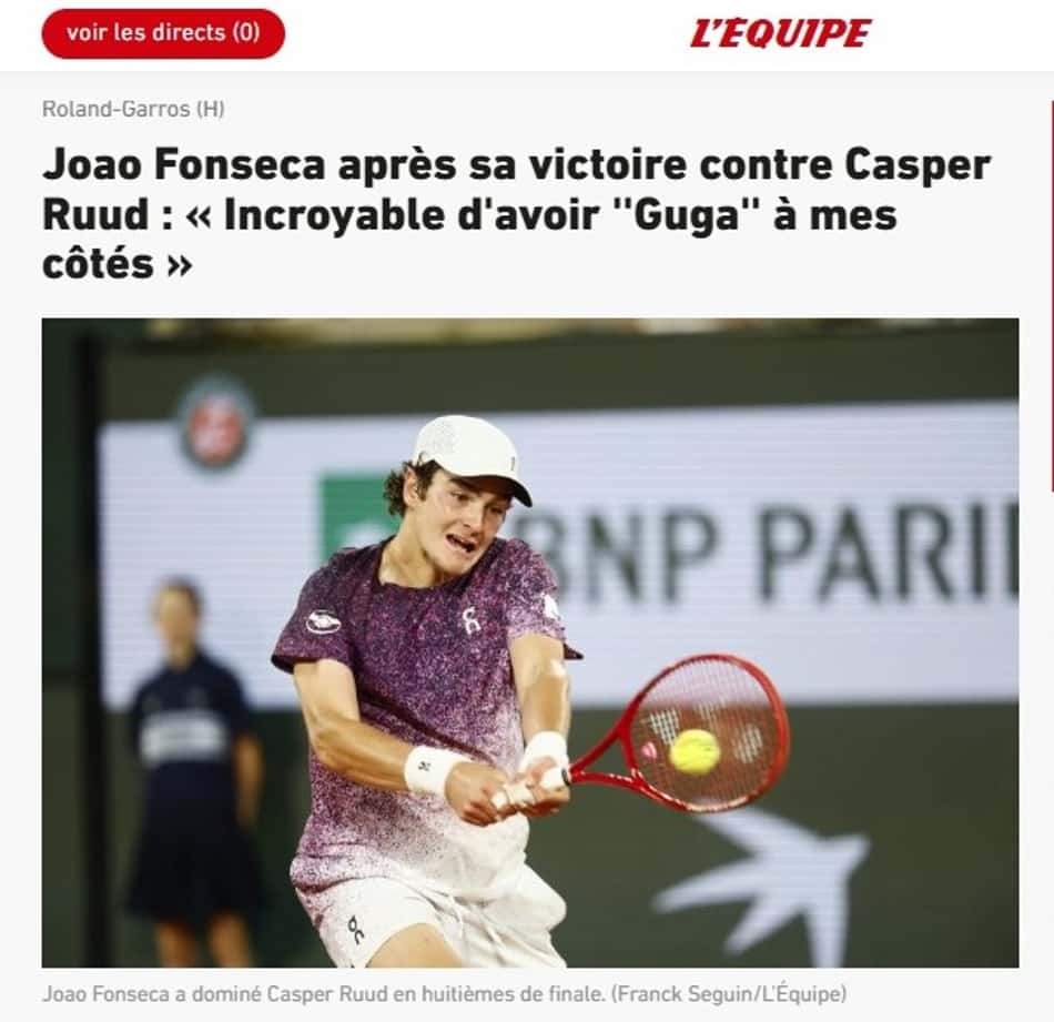 Presença de Guga na vitória de João Fonseca vira manchete no francês L'Equipe (Foto: Reprodução)