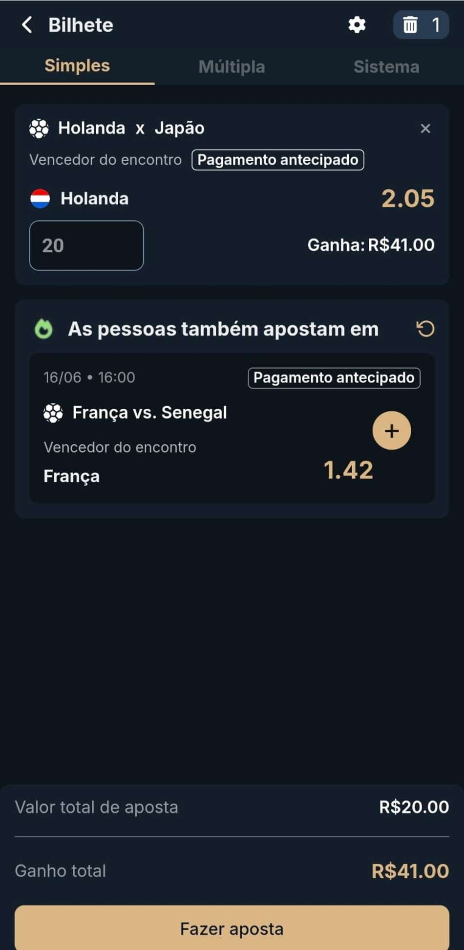 Captura de tela de um bilhete de apostas na Copa do Mundo na Estrela bet com o recurso pagamento antecipado.