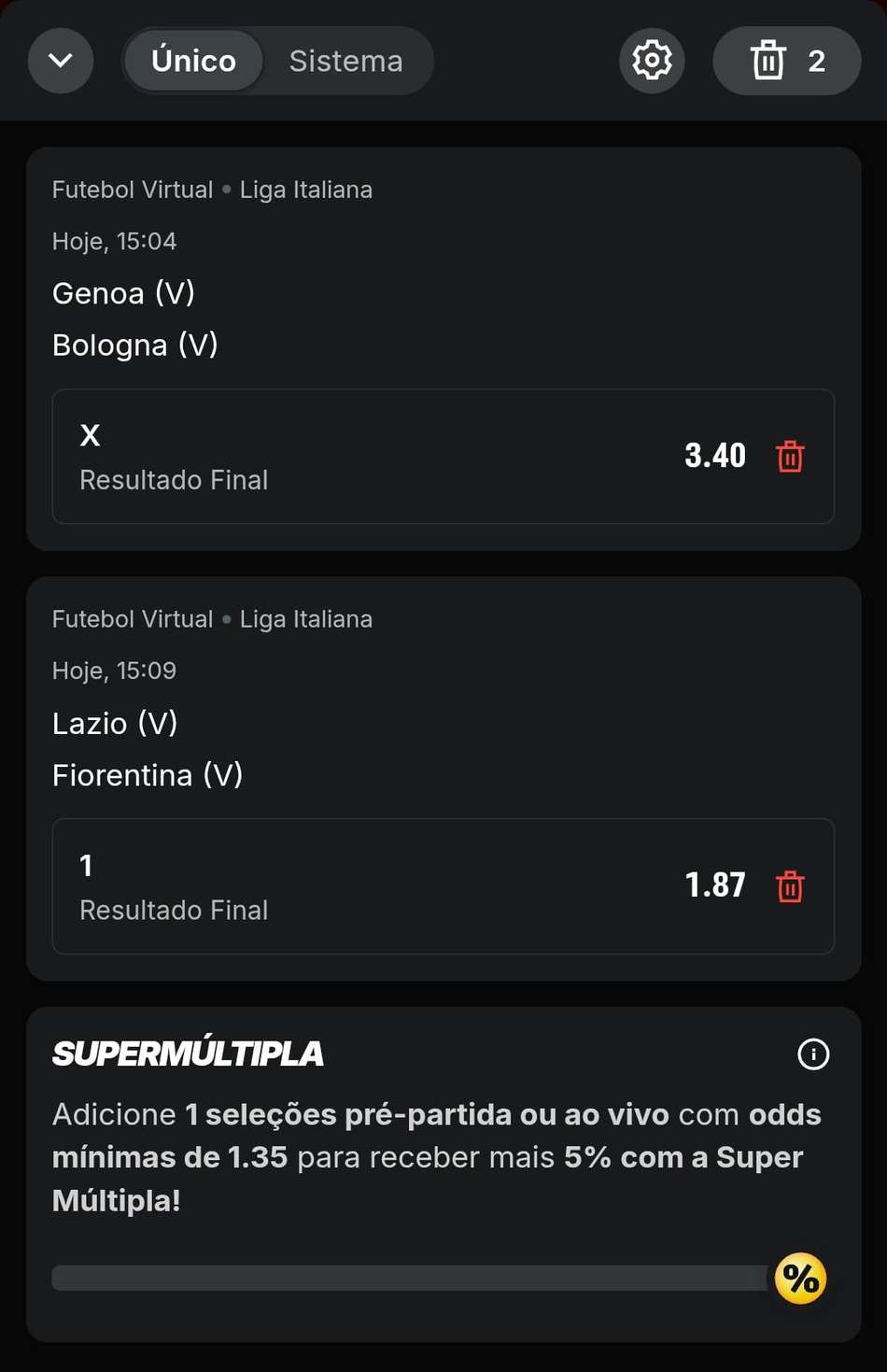 Captura de tela do cupom de aposta com futebol virtual da Superbet.