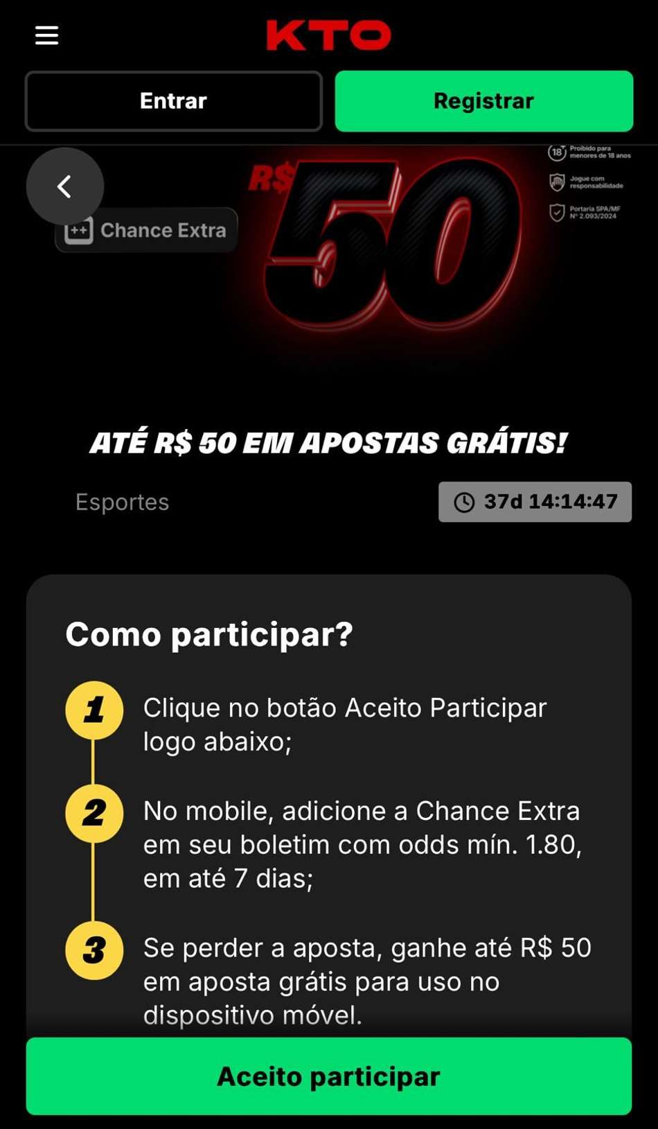 Captura de tela da aposta grátis KTO Chance Extra.