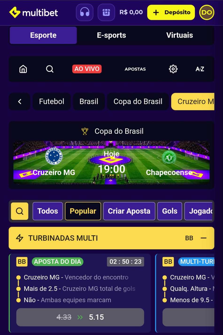 Captura de tela da Multibet Apostas com os mercados disponíveis.