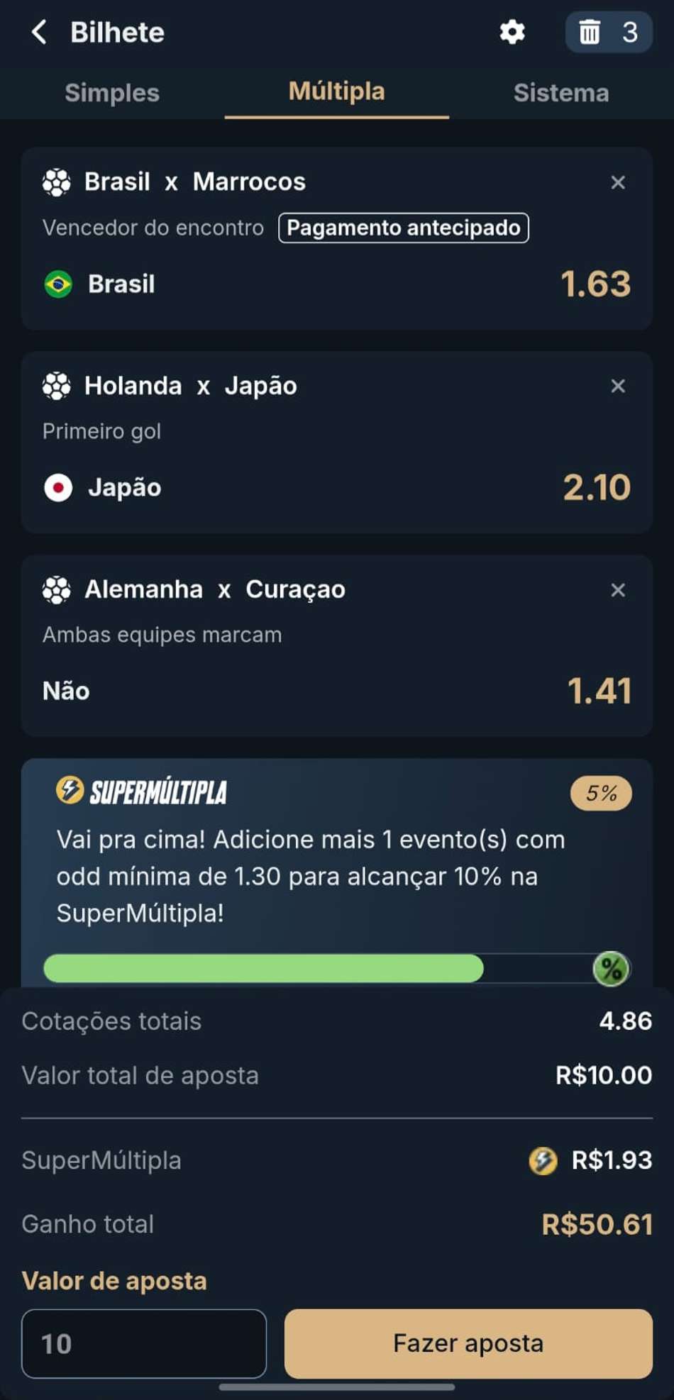 Captura de tela de uma aposta múltipla na Estrela bet com uma seleção exibindo o recurso de Pagamento Antecipado.