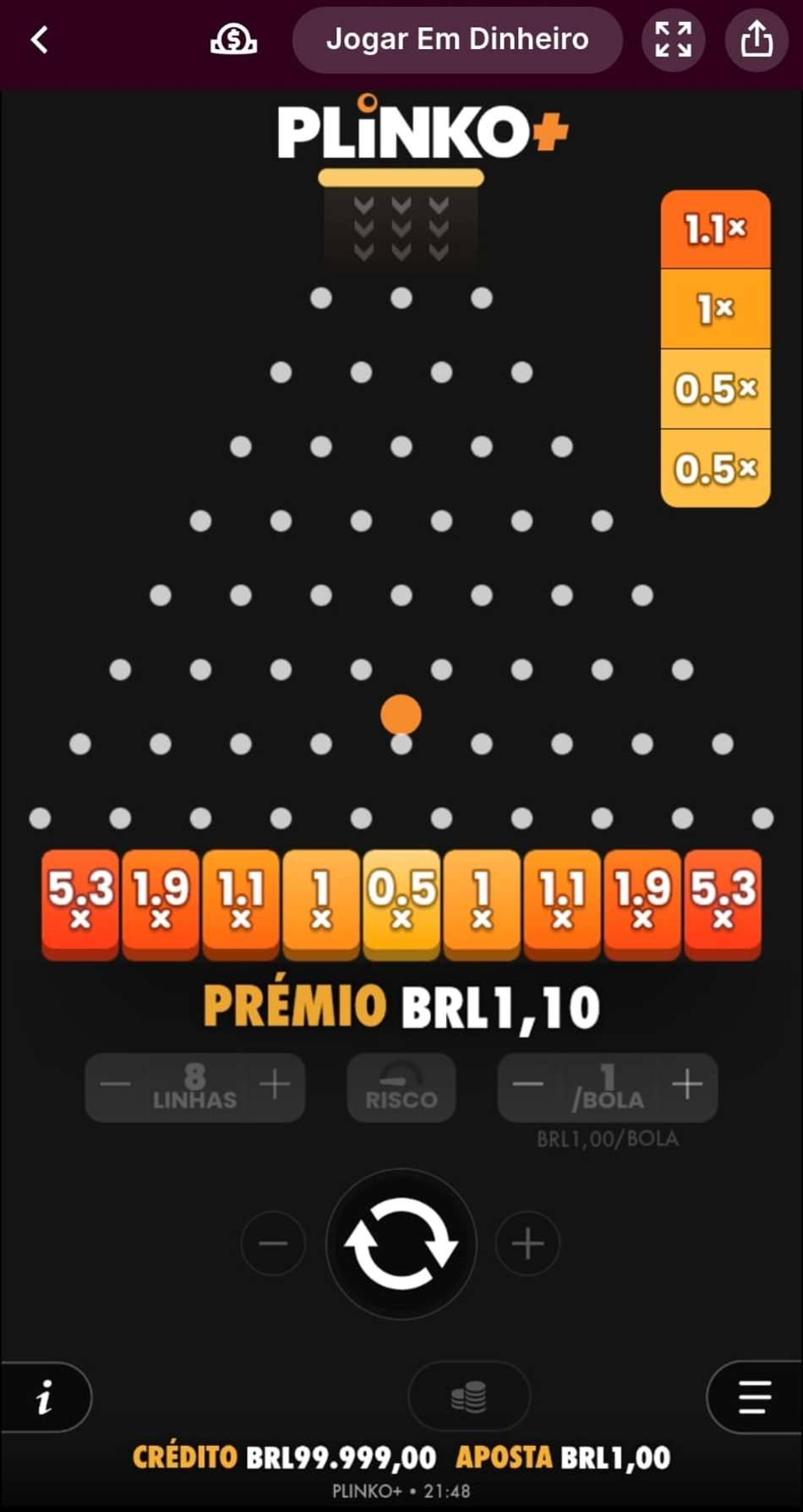 Captura de tela de uma seção de apostas em Plinko na Superbet.