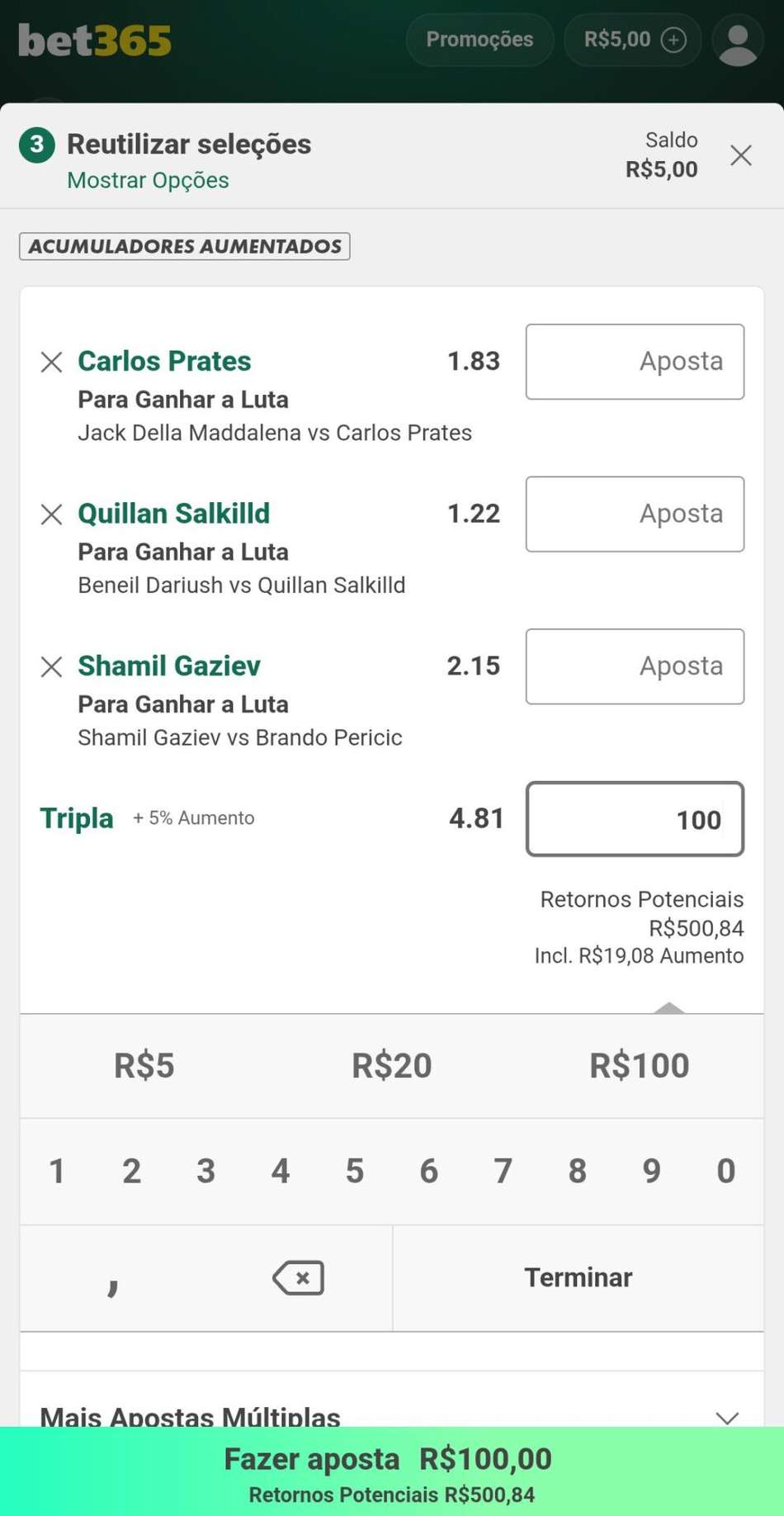 Captura de tela de uma aposta UFC na bet365.