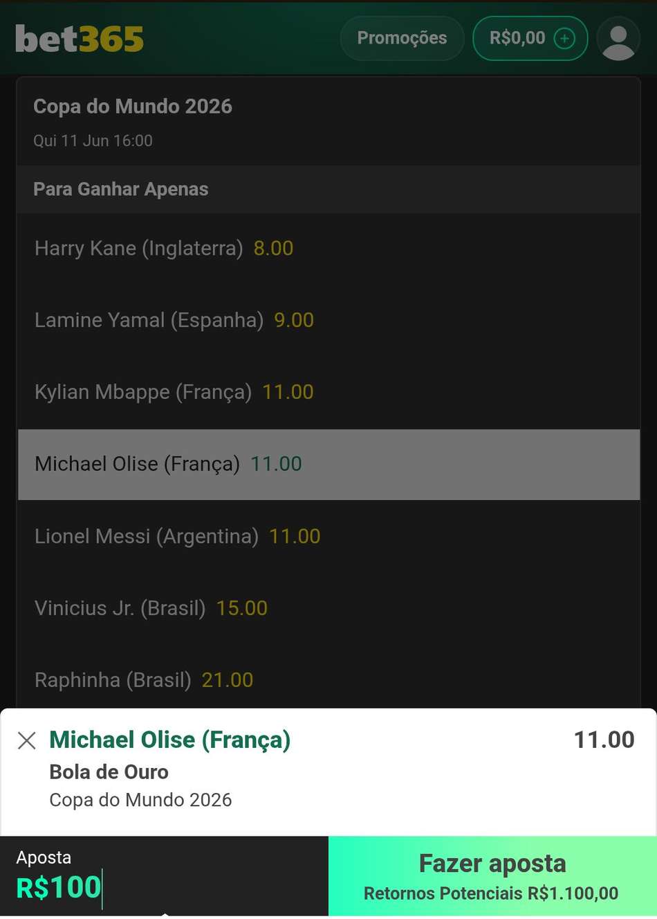 Captura de tela da aposta Copa do Mundo na Bola de Ouro bet365.
