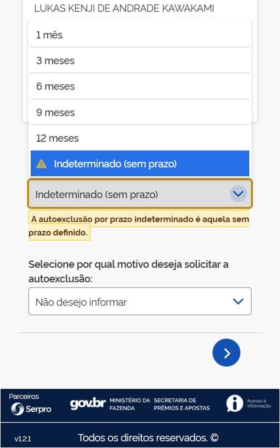 Captura de tela da ferramenta de autoexclusão do governo federal.