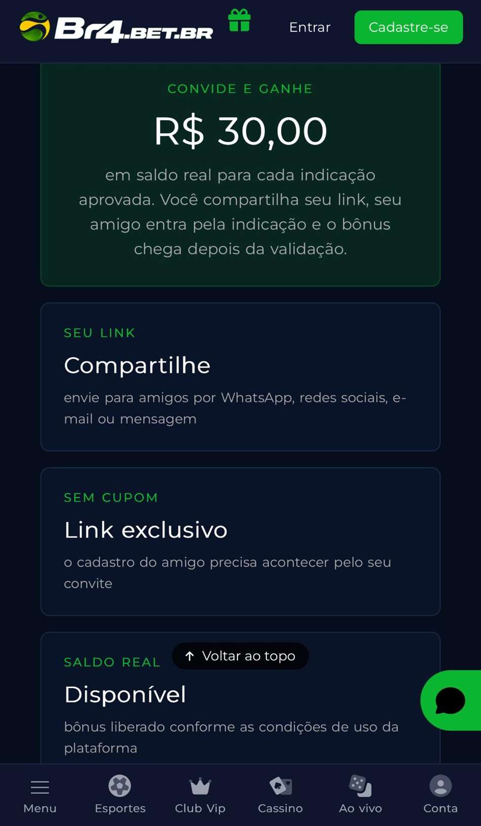 Captura de tela da promoção "Indique e Ganhe" na BR4BET.