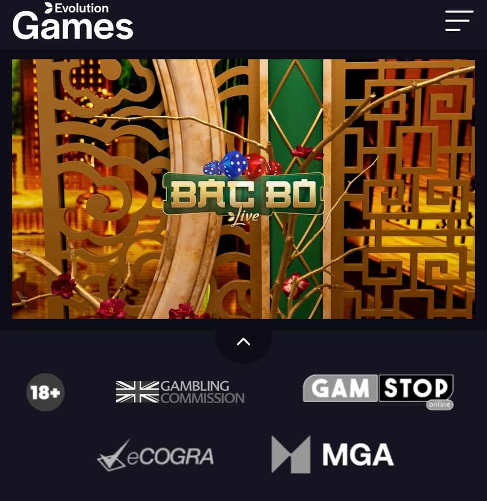 Captura de tela do site da Evolution mostra as certificações de Bac Bo.