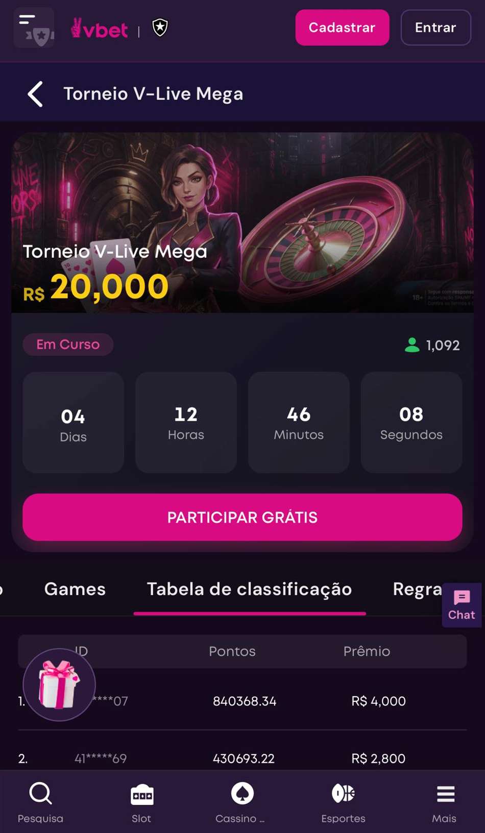 Captura de tela do Torneio V-Live Mega que inclui Bac Bo na Vbet.