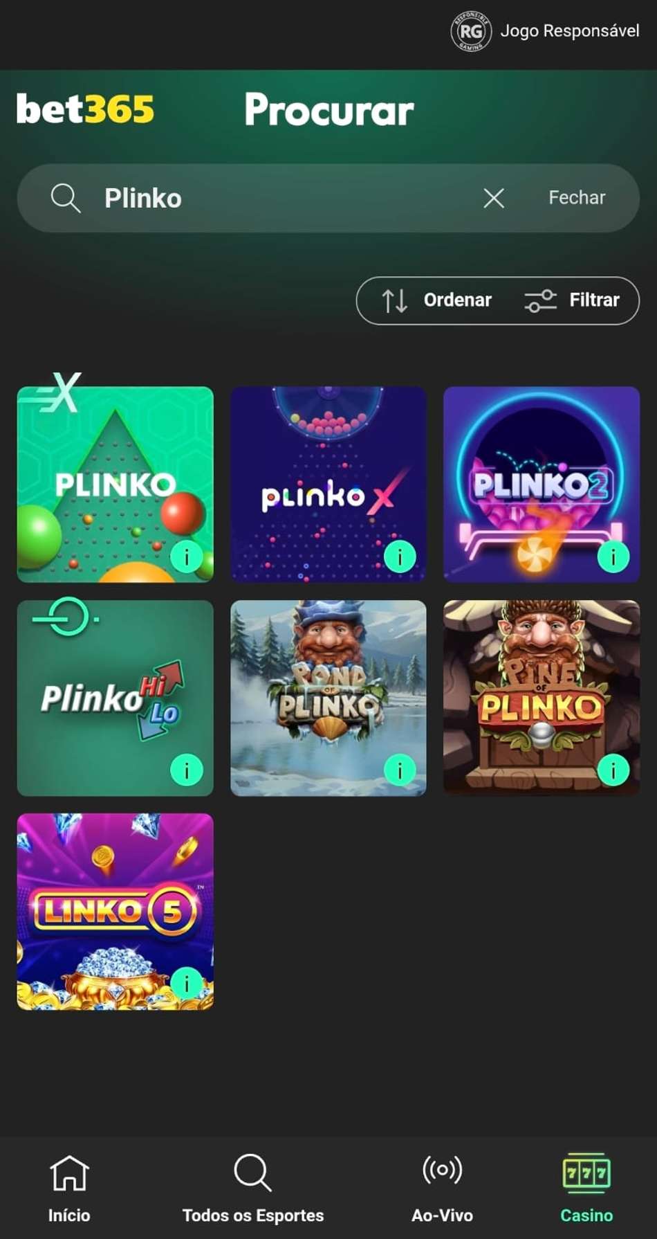 Captura de tela da bet365 na seção de cassino exibindo o resultado de busca para jogos de Plinko.