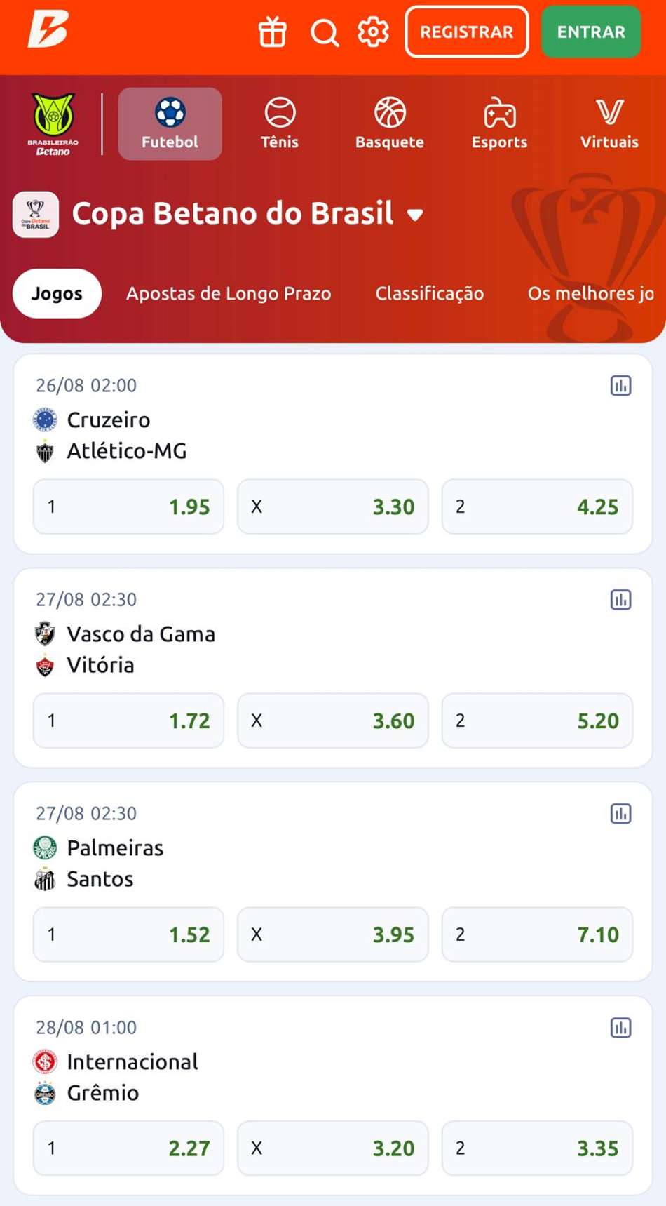 Captura da tela de apostas na Copa do Brasil na Betano.