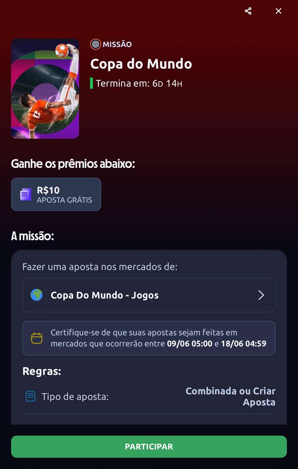 Captura de tela da promoção de Missão Copa do Mundo na Betano.