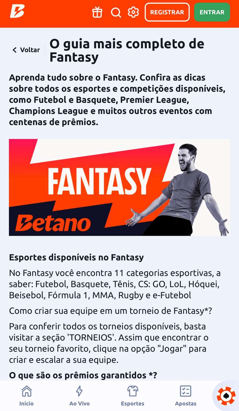 Captura de tela do Fantasy Betano.
