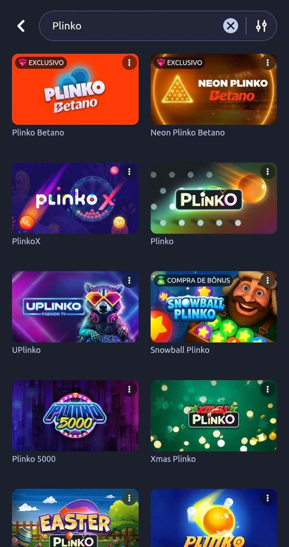 Captura de tela do catálogo da Betano com mais de 22 jogos de Plinko online.