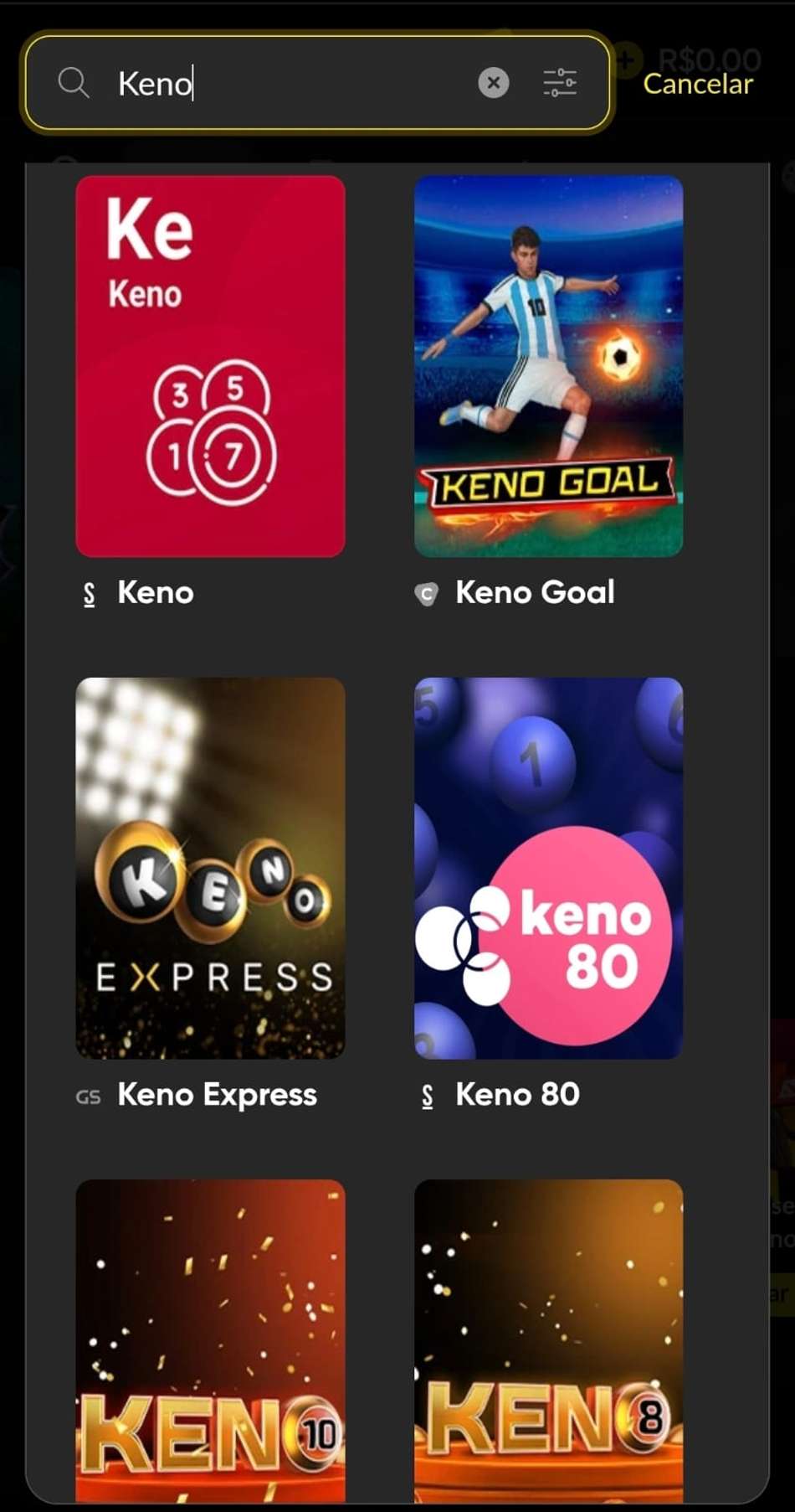 Captura de tela do cassino da BetBoom exibindo os resultados da busca pelo jogo keno online.