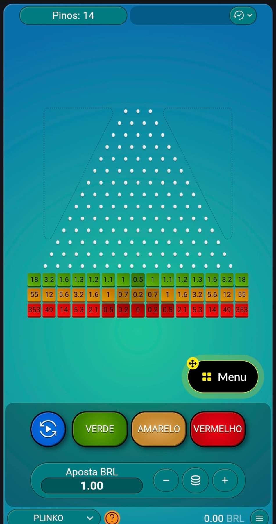 Captura de tela do jogo Plinko na BetBoom exibindo botões de apostas, multiplicadores da base e estrutura de 14 pinos.