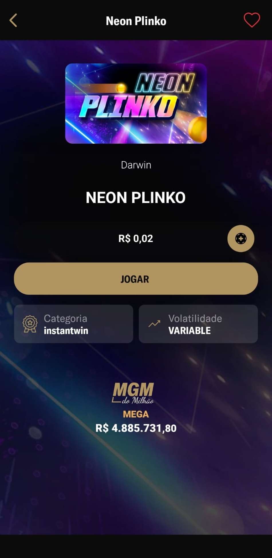 Captura de tela da BetMGM exibindo o jogo Neon Plinko com botões de apostas e informações técnicas.