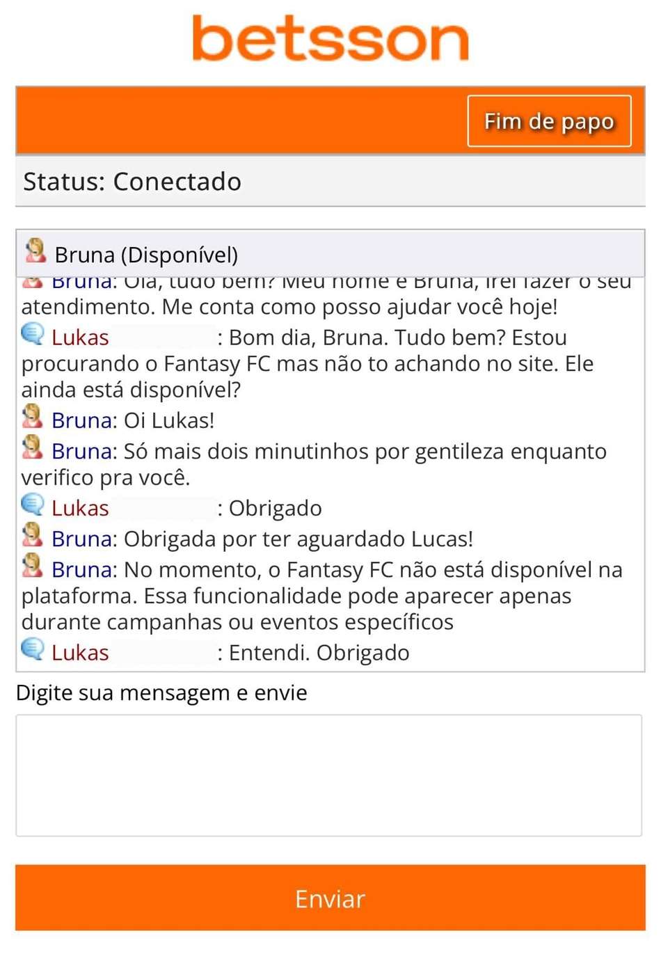 Captura de tela do suporte sobre o fantasy game da Betsson.