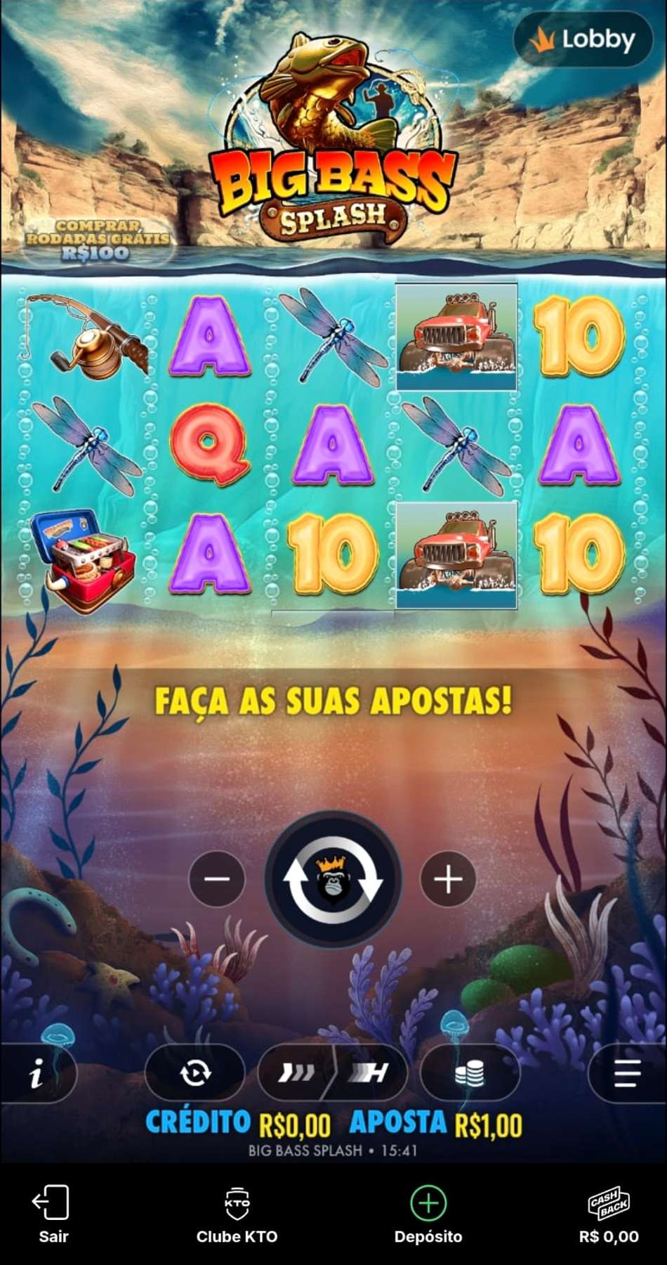 Captura de tela do Big Bass Splash, um dos slots na KTO exibindo a grade com símbolos e botões de apostas.