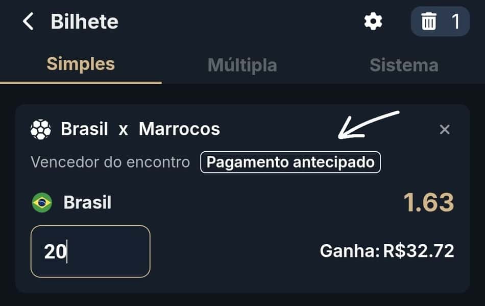 Captura de tela de um bilhete de apostas na Estrela bet no jogo entre Brasil e Marrocos com Pagamento Antecipado 2 gols.