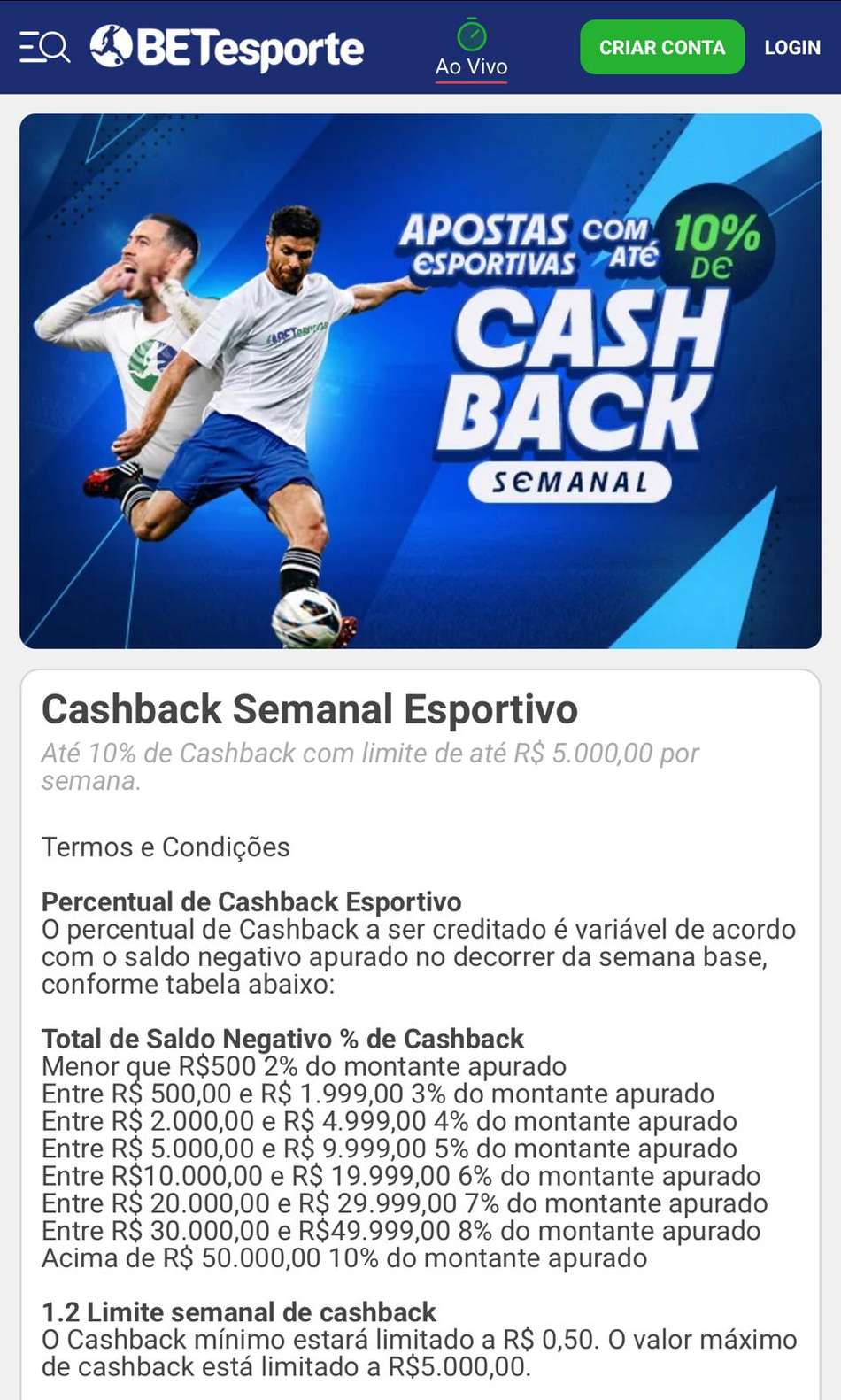 Captura de tela da promoção de cashback no Brasileirão na BETesporte.