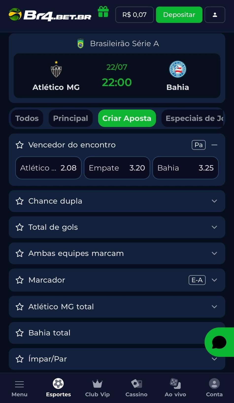 Captura de tela mostra as opções de Criar Aposta no Brasileirão no site da BR4BET.