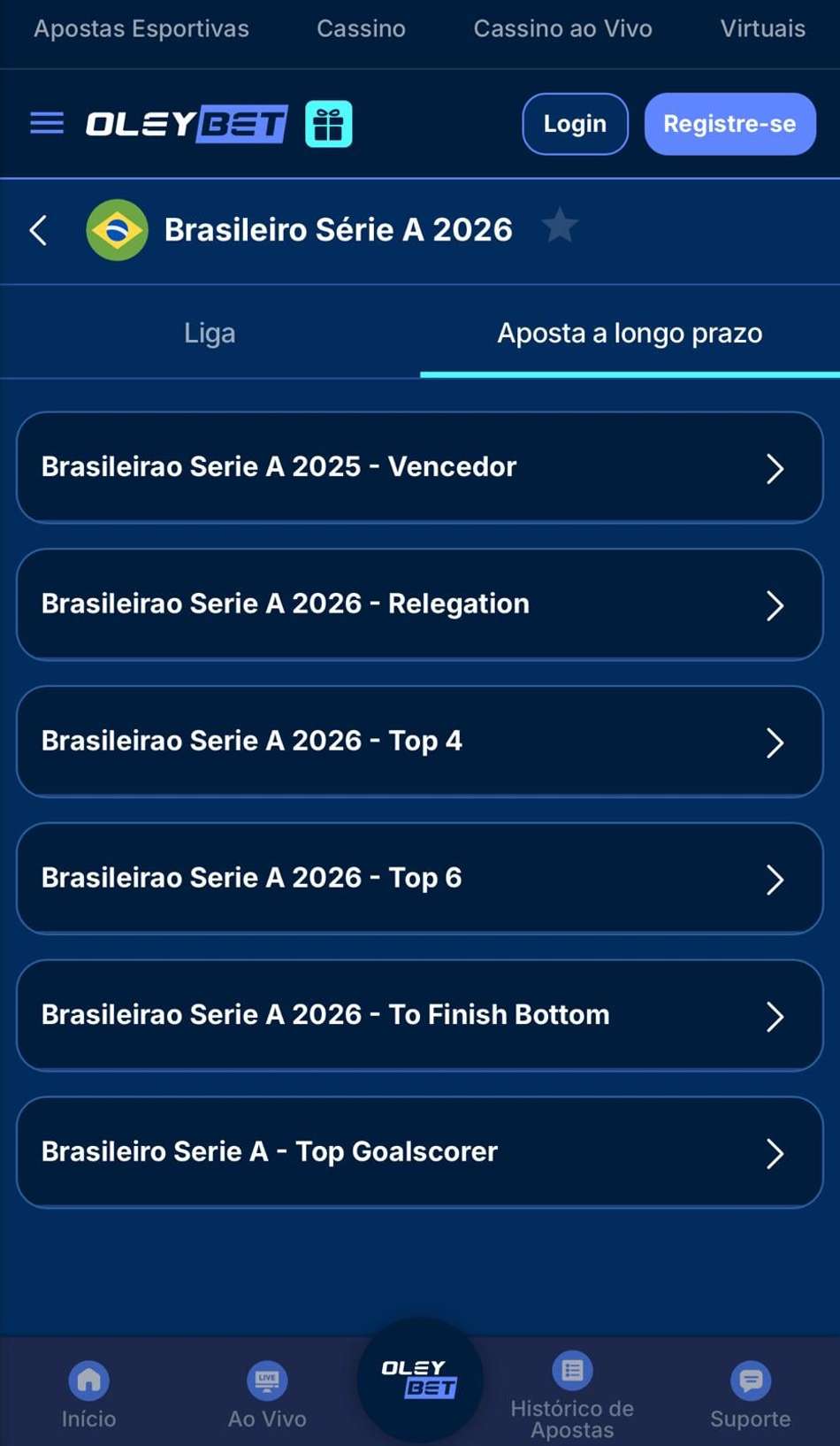 Captura da tela de apostas de longo prazo no Brasileirão na Oleybet.