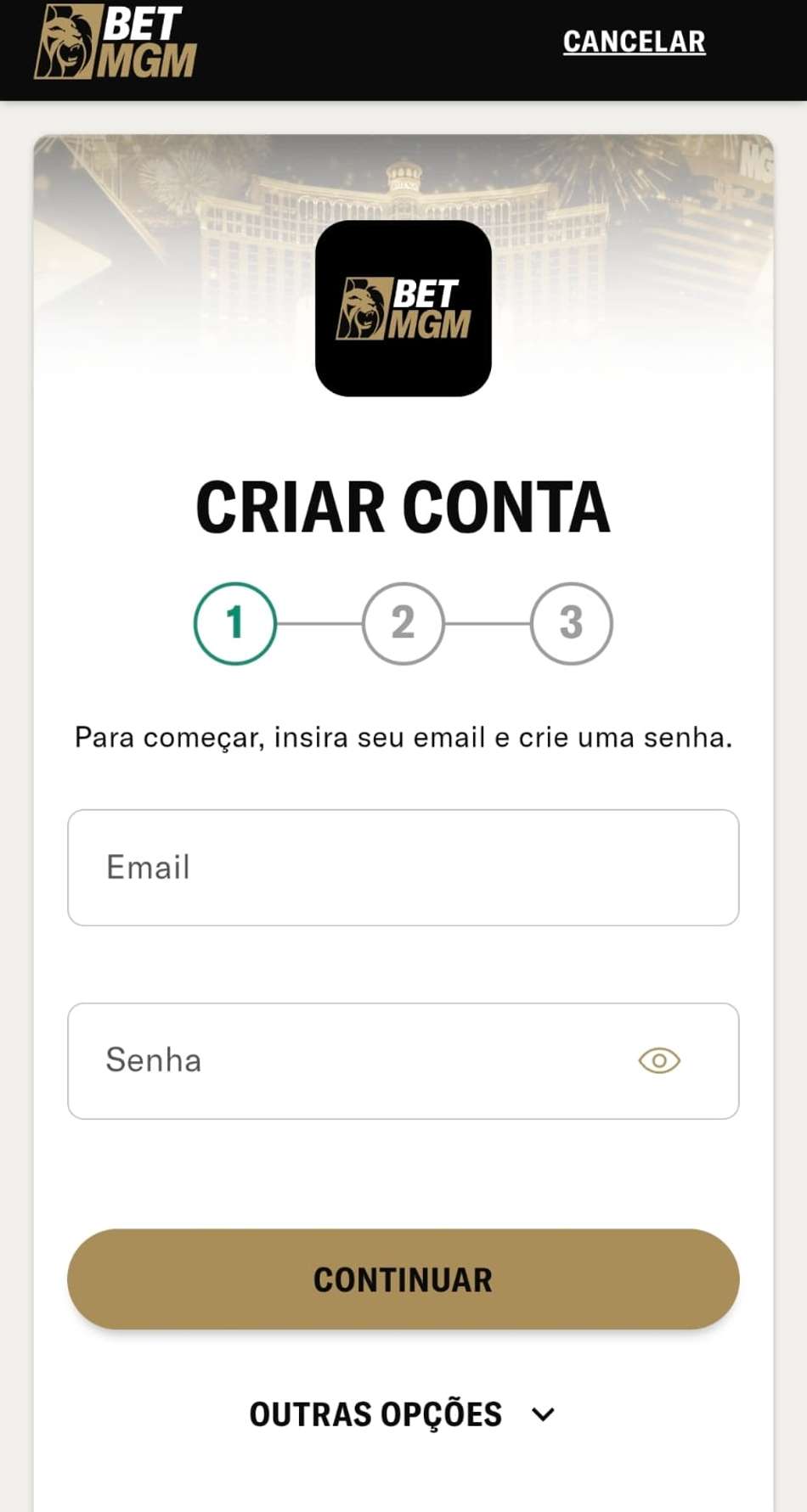 Captura de tela do formulário de cadastro na BetMGM exibindo a primeira etapa para criar uma conta.
