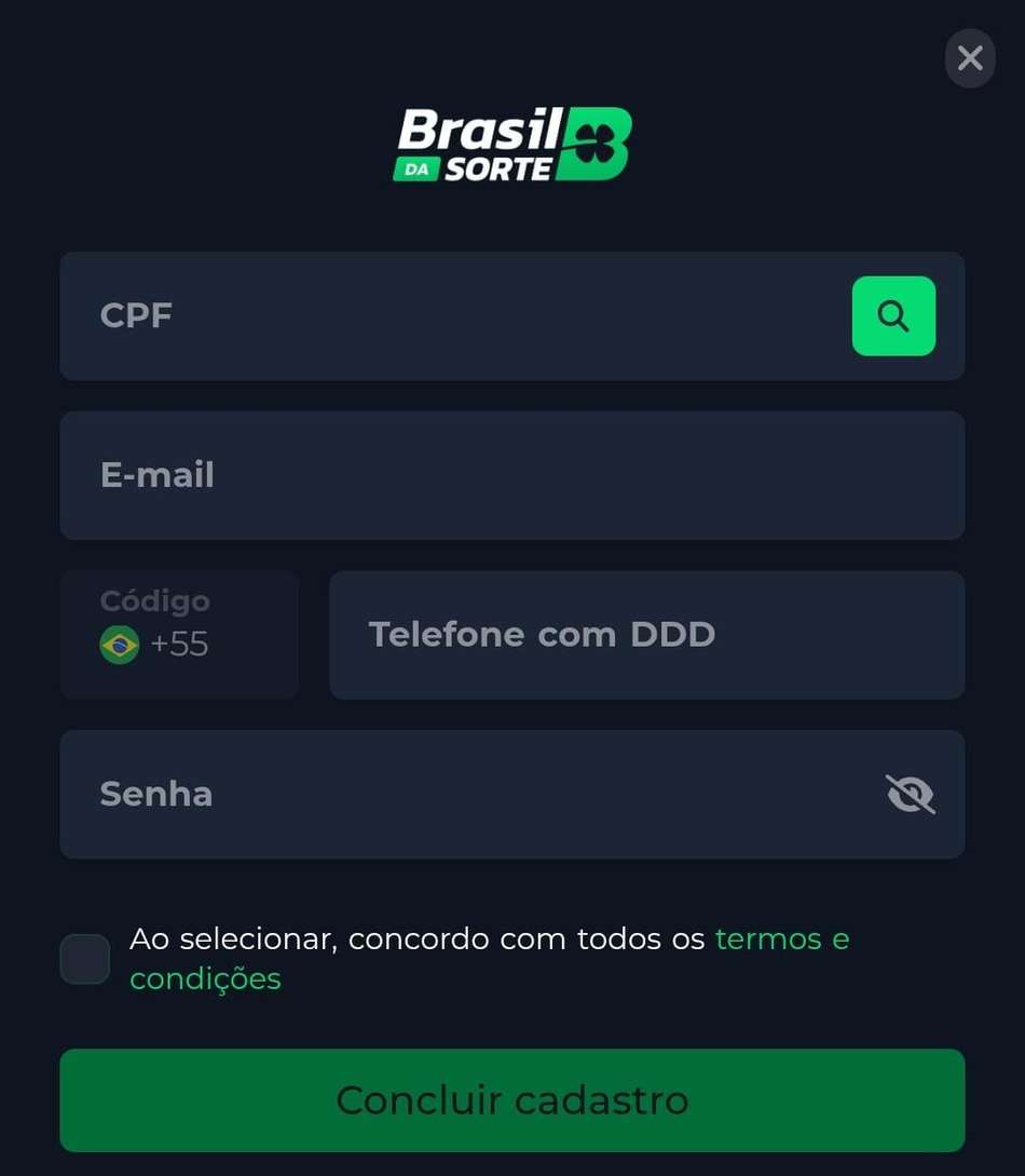 Captura de tela do formulário de cadastro do novo cassino Brasil da Sorte.
