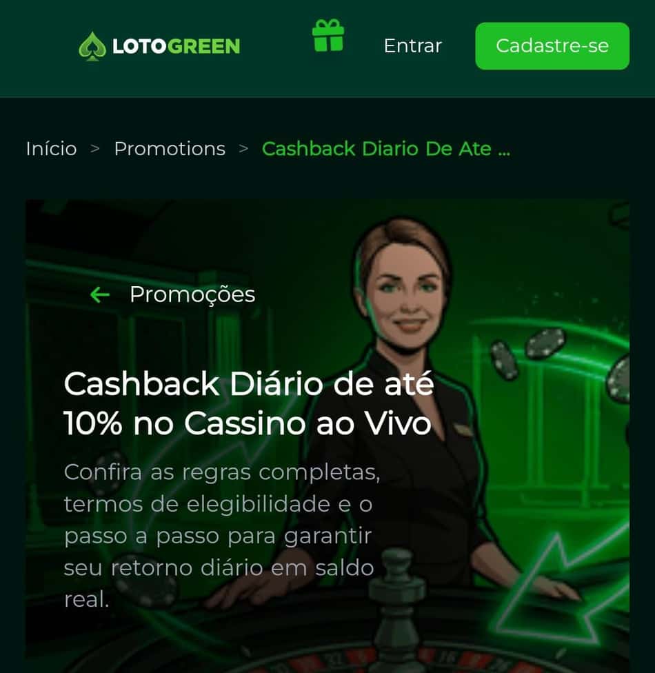 Captura de tela da promoção cashback de cassino ao vivo da Lotogreen.