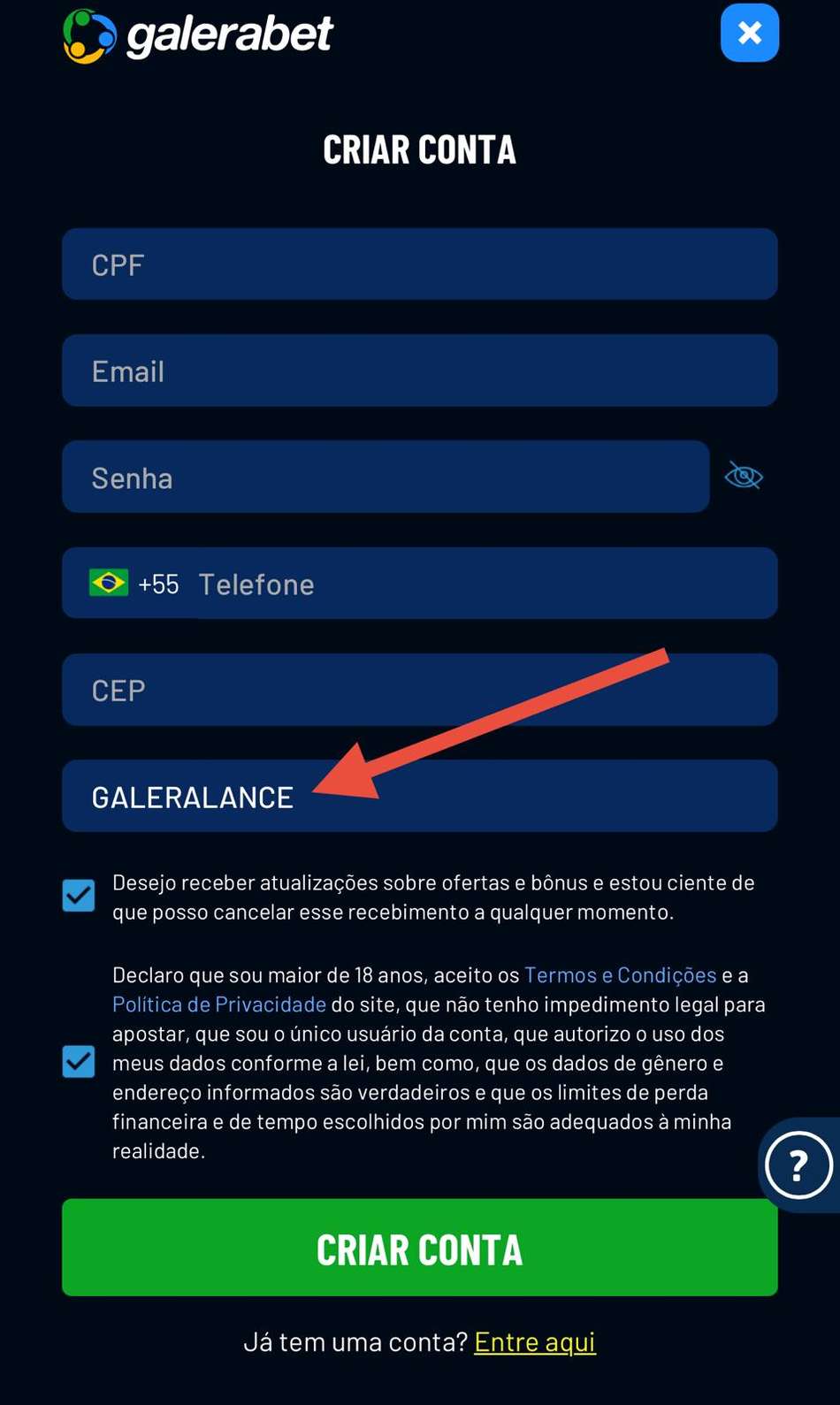 Captura de tela mostra onde inserir o código promocional Galera Bet GALERALANCE no cadastro.