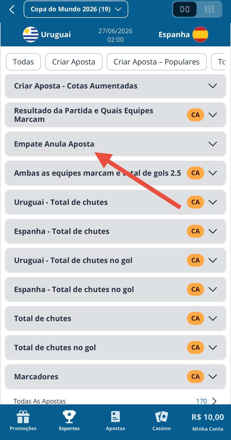Captura de tela mostra onde encontrar o Empate Anula Aposta na Sportingbet.