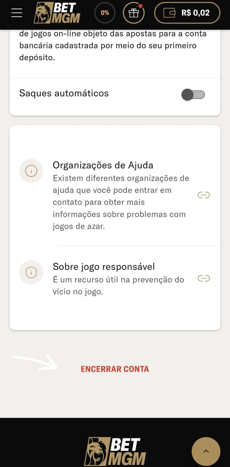 Captura de tela da seção da BetMGM em que é possível solicitar para encerrar a conta.