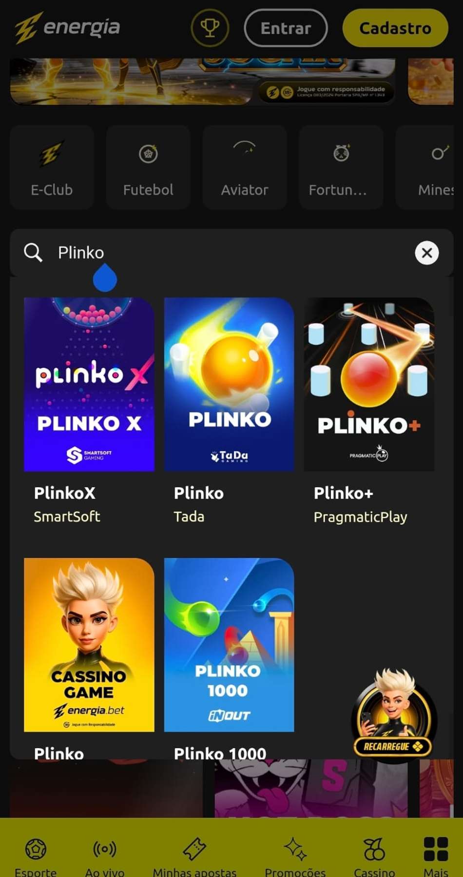 Captura de tela da Energia Bet com jogos de Plinko da SmartSoft, TaDa, Pragmatic Play e outros provedores no catálogo.