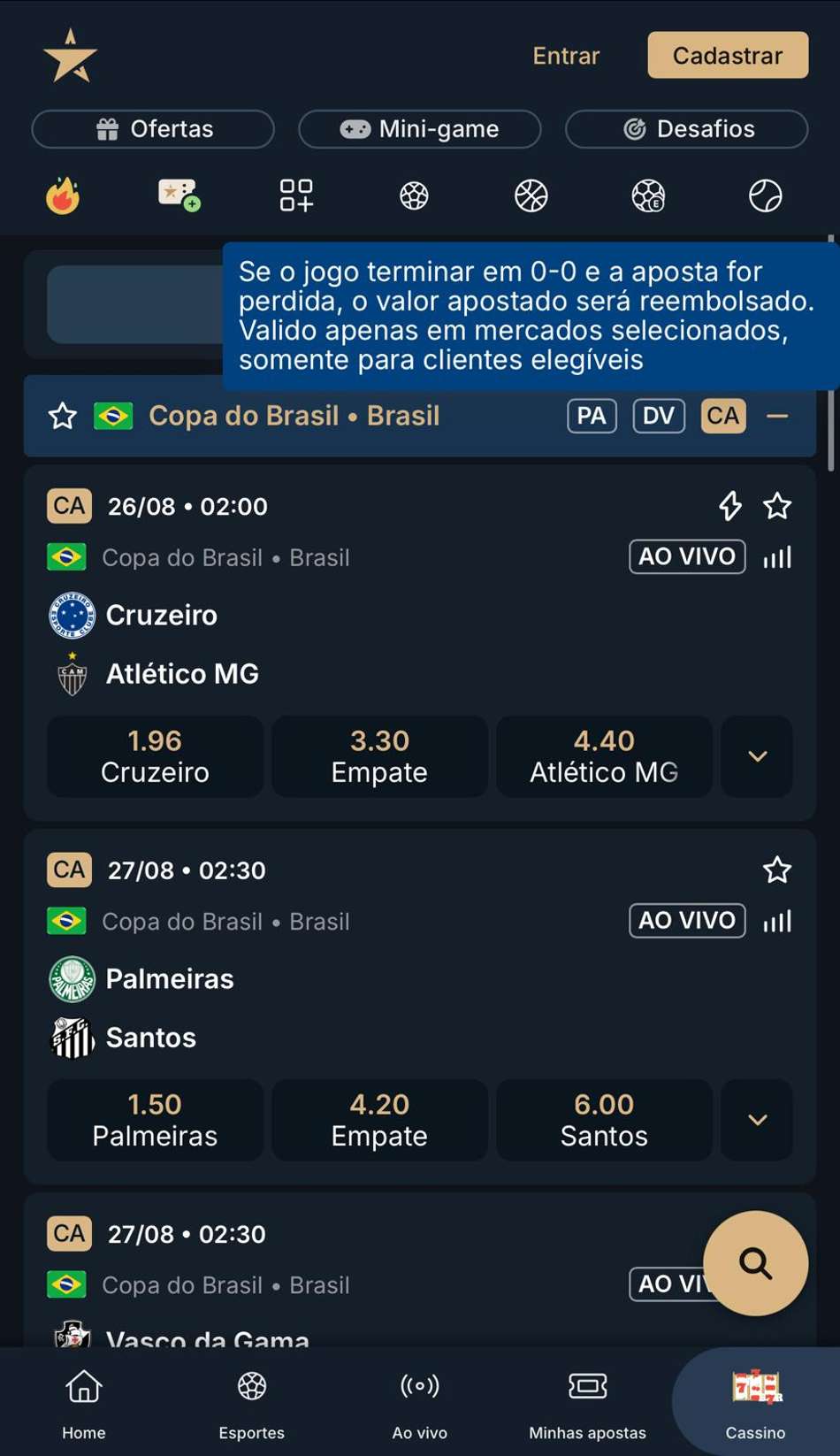 Captura de tela de apostas na Copa do Brasil na EstrelaBet.
