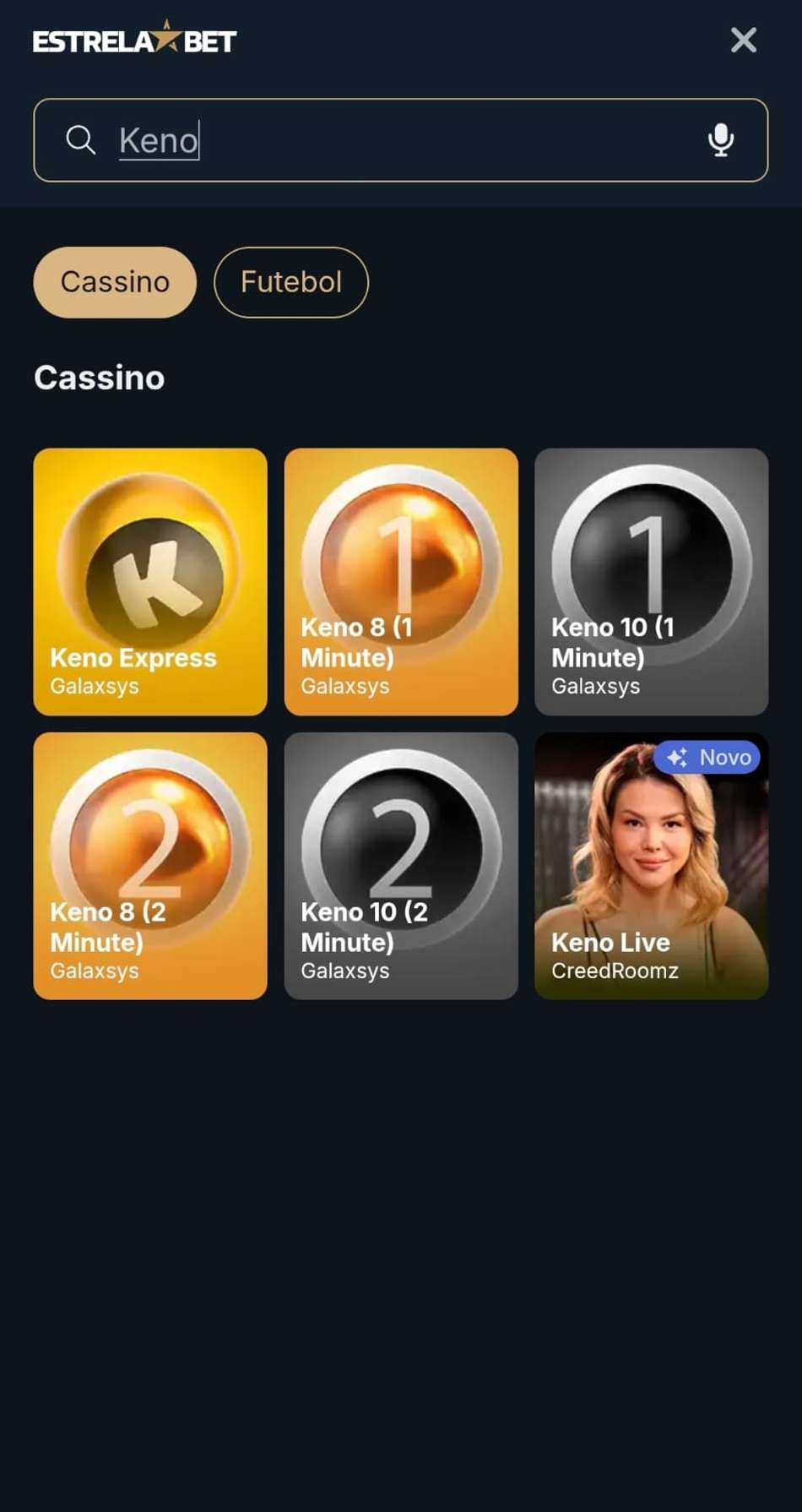  Captura de tela no cassino da Estrela bet exibindo o catálogo de jogos de keno online ativos.