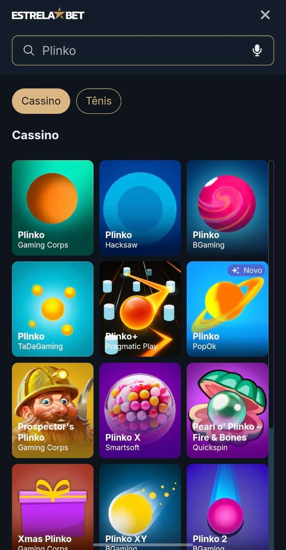 Captura de tela do cassino da Estrela bet com os jogos de Plinko disponíveis.