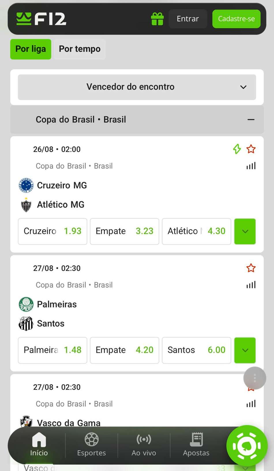 Captura da tela de apostas na Copa do Brasil na F12.Bet.