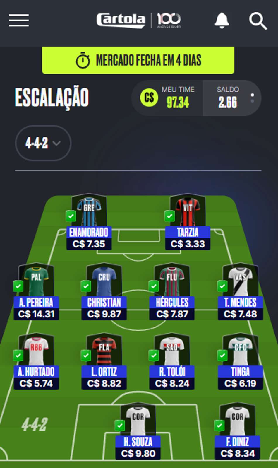 Captura de tela do fantasy sports Cartola FC.
