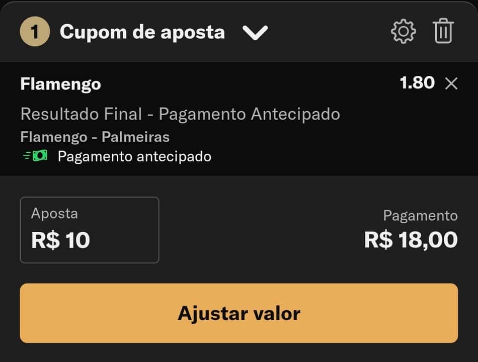 Captura de tela do bilhete de apostas na BetMGM com Pagamento Antecipado em um jogo de futebol pelo Brasileirão.