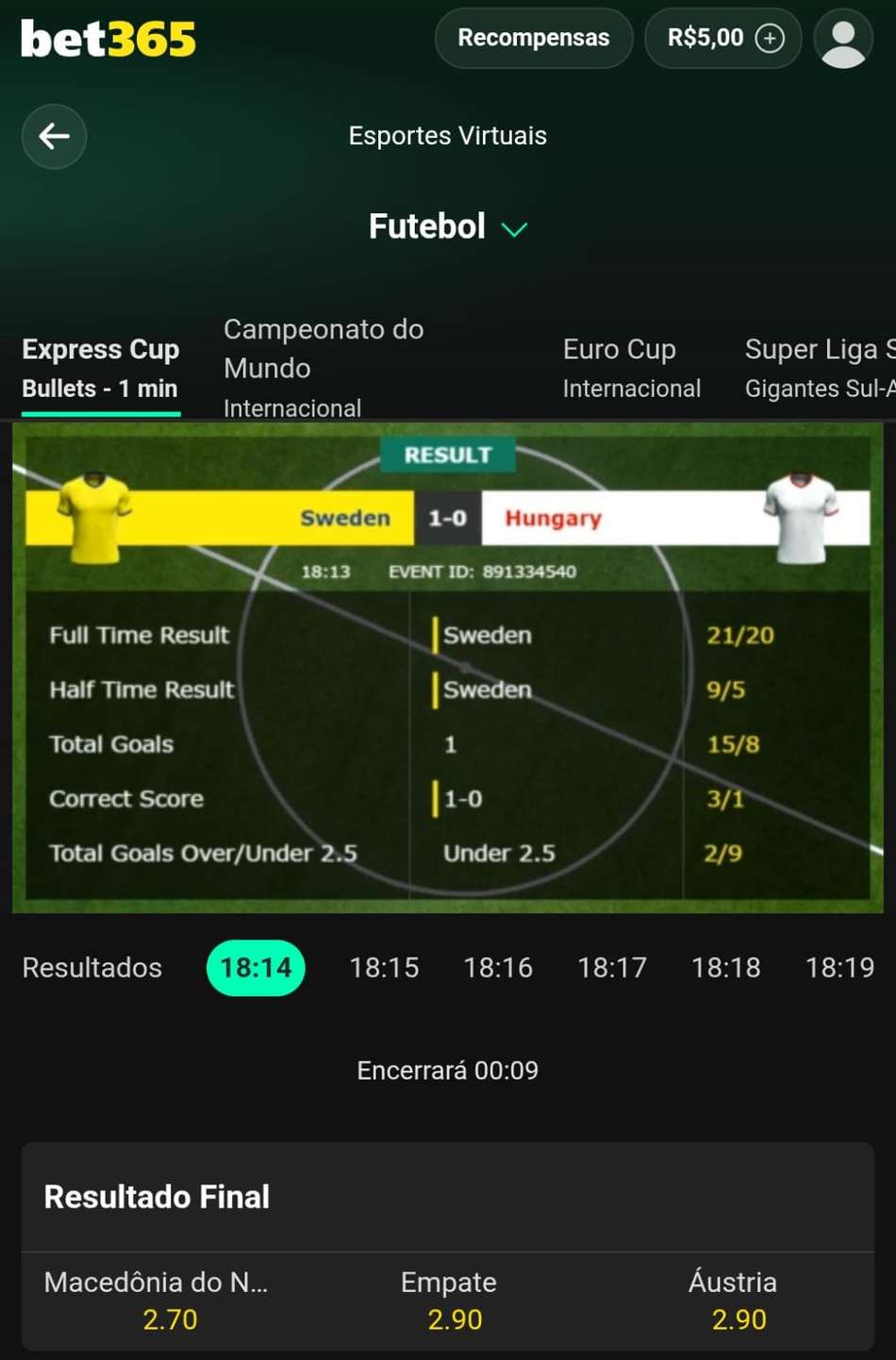 Captura de tela do futebol virtual na bet365.