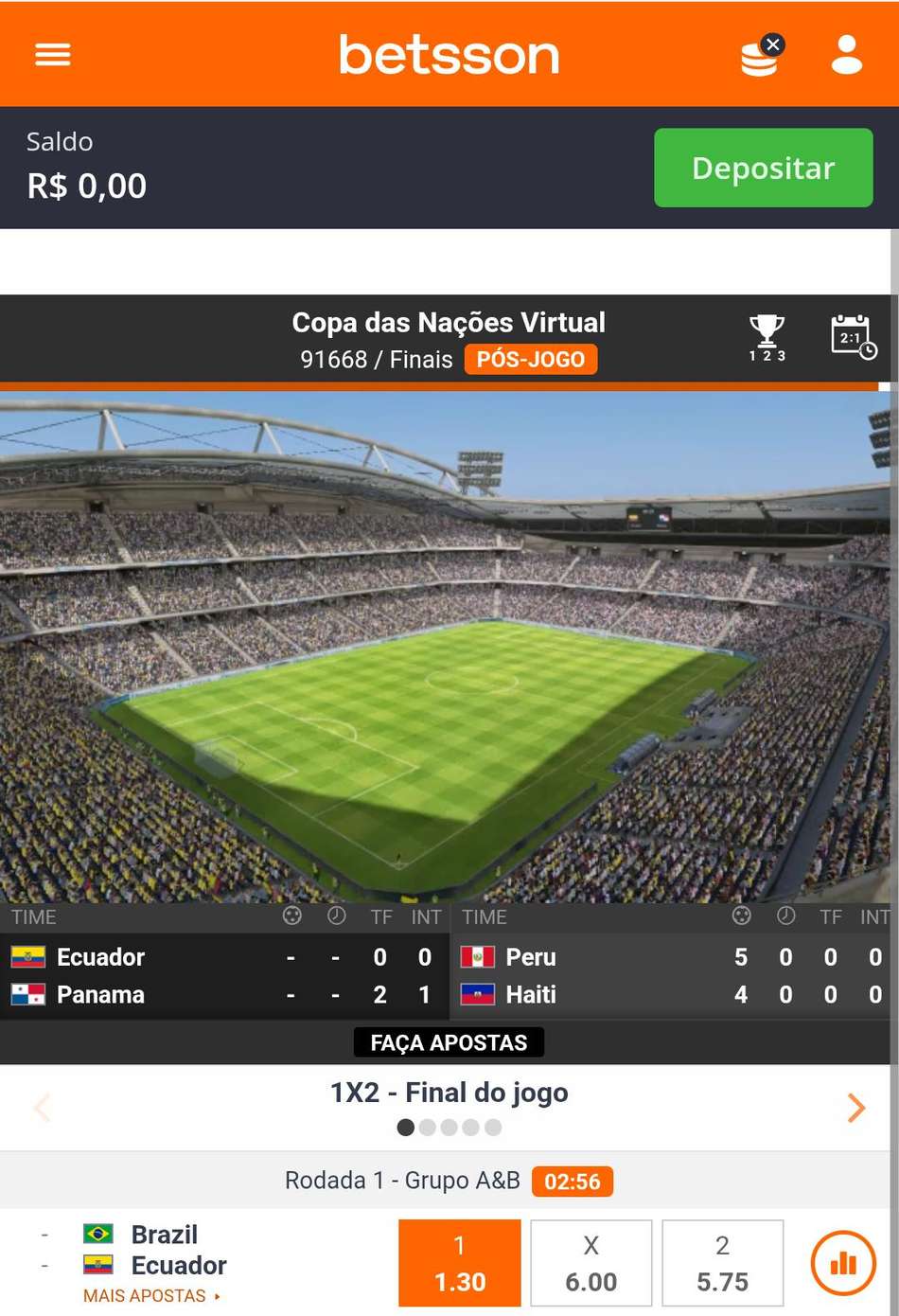 Captura de tela do futebol virtual na Betsson.